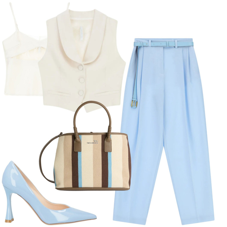 Outfit donna - City. Stile Urban per Tutti i giorni. Abbinamento con décolleté, shopping bag, gilet, pantaloni a palazzo, canottiere.