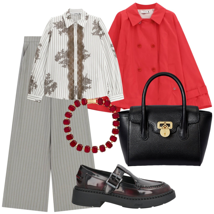 Outfit donna - Look. Stile Casual chic per Ufficio. Abbinamento con mocassini, pantaloni a palazzo, giacche, camicie, braccialetti, borse a mano.
