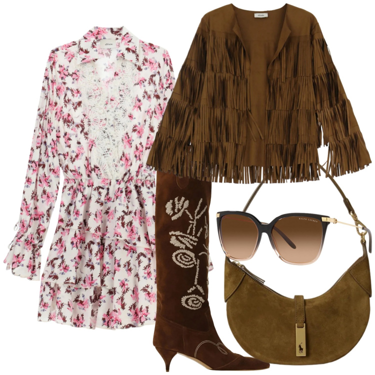 Outfit donna - Look. Stile Boho per Tutti i giorni. Abbinamento con giacche, vestiti corti, stivali, borse a spalla, occhiali da sole.