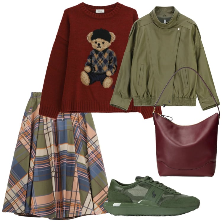 Outfit donna - Look. Stile Casual per Tutti i giorni. Abbinamento con giacche, borse a secchiello, sneakers, maglieria, gonne lunghe.