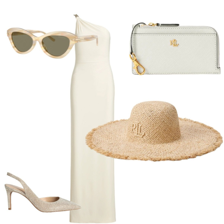 Outfit donna - Una sposa alternativa. Stile Glamour per Cerimonia. Abbinamento con décolleté, vestiti asimmetrici, occhiali da sole, cappelli, portafogli.