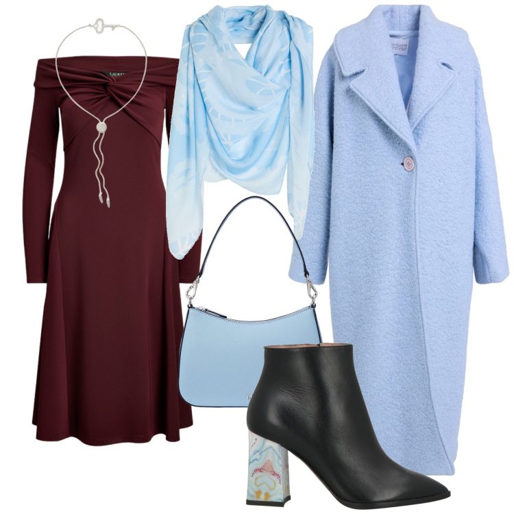 Outfit donna - Look. Stile Glamour per Serata fuori. Abbinamento con cappotti, sciarpe, stivaletti, braccialetti, borse a spalla, vestiti.