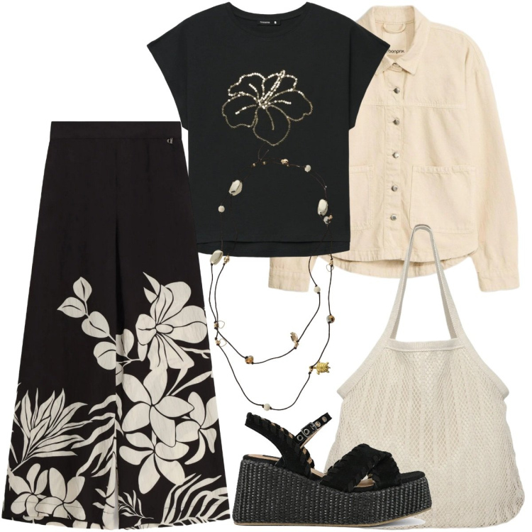 Outfit donna - Fantasie floreali a marzo. Stile Boho per Tutti i giorni. Abbinamento con cappotti, shopping bag, t-shirt, collane, pantaloni a palazzo, zeppe.