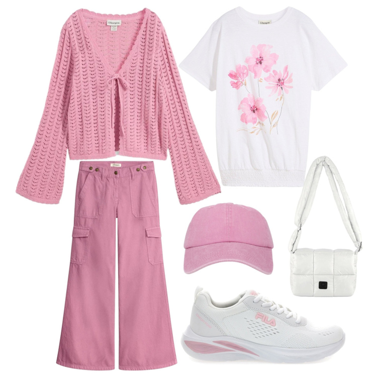 Outfit donna - Me gusta el rosa. Stile Trendy per Tutti i giorni. Abbinamento con t-shirt, pantaloni cargo, cardigans, cappelli con visiera, borse a spalla, sneakers.