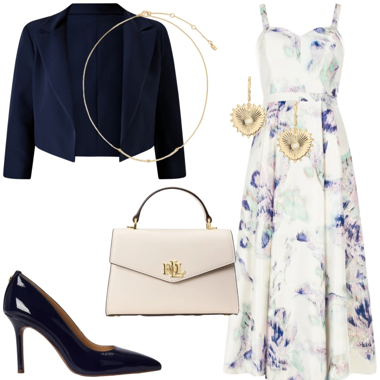 Outfit donna - Floreale, classico e trendy. Stile Glamour per Cerimonia. Abbinamento con bolero, vestiti midi/longuette, collane, orecchini, borse a mano, décolleté.