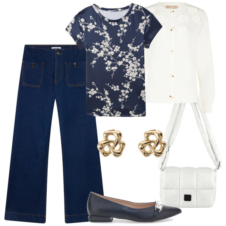 Outfit donna - Fantasie floreali a marzo. Stile Romantica per Tutti i giorni. Abbinamento con t-shirt, jeans, orecchini, cardigans, borse a spalla, ballerine.