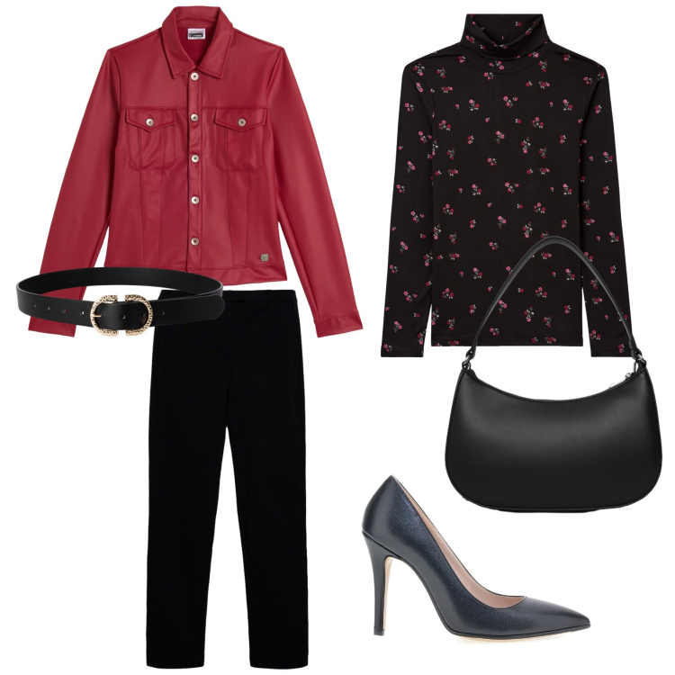 Outfit donna - Un outfit per l\'ufficio. Stile Casual chic per Tutti i giorni. Abbinamento con t-shirt, pantaloni skinny, cinture, borse a tracolla, giacche, décolleté.