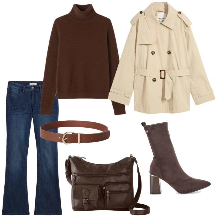Outfit donna - Essenziale e stiloso. Stile Casual chic per Tutti i giorni. Abbinamento con trench, jeans a zampa, borse a tracolla, cinture, pullovers, stivaletti.