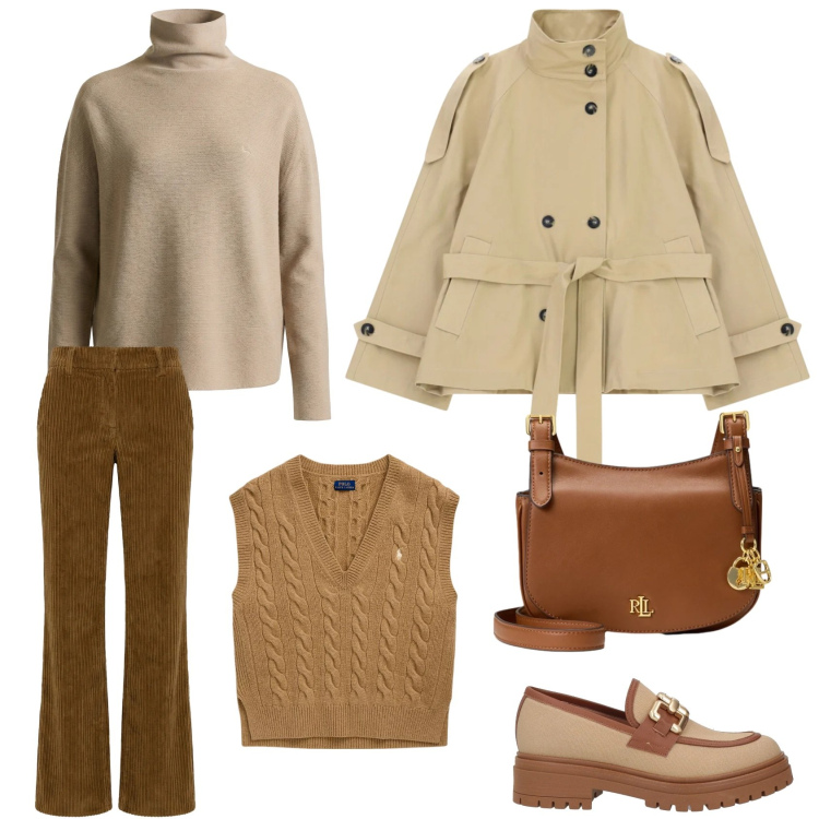 Outfit donna - Total look preppy. Stile Preppy per Scuola/Università. Abbinamento con mocassini, maglieria, pantaloni, trench, borse a tracolla, maglieria.