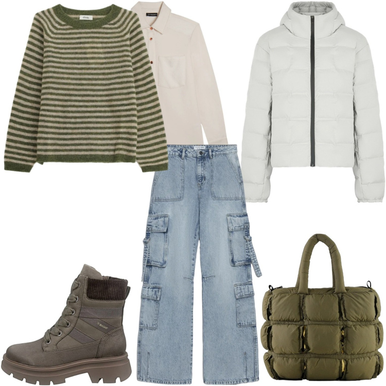 Outfit donna - Casual. Stile Casual per Tutti i giorni. Abbinamento con jeans, maglieria, camicie, piumini, borse a mano, anfibi.