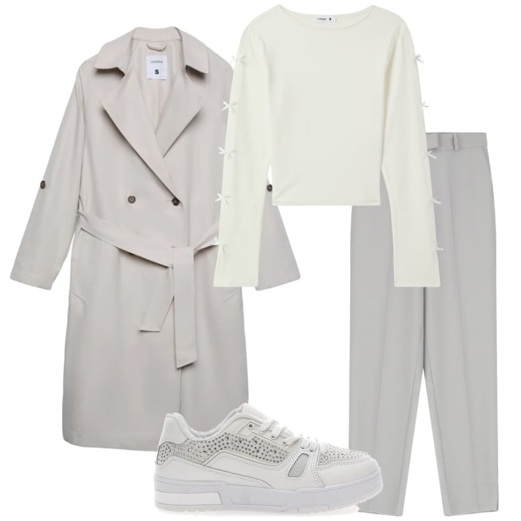 Outfit donna - Trench a marzo. Stile Urban per Tutti i giorni. Abbinamento con trench, t-shirt, pantaloni, sneakers.