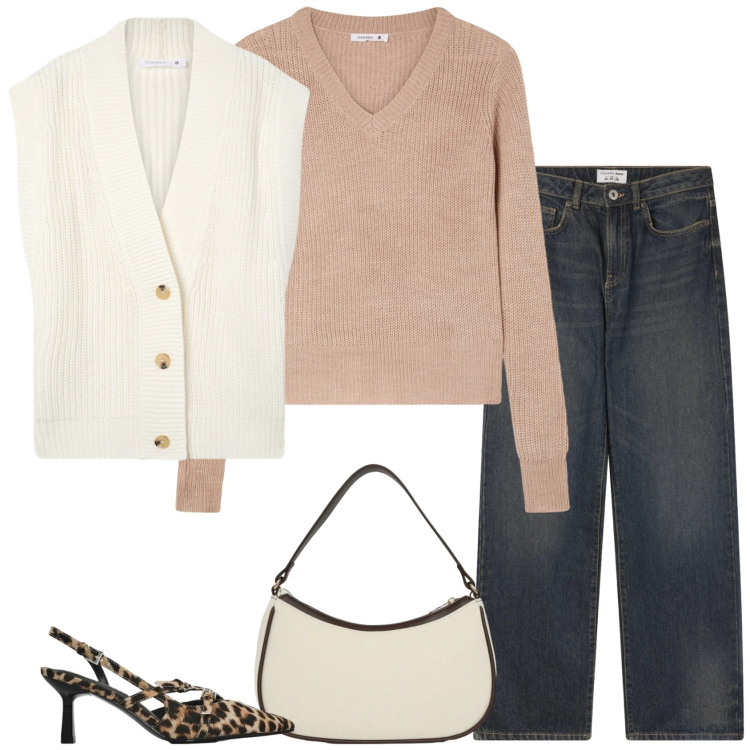 Outfit donna - Calda primavera. Stile Casual chic per Ufficio. Abbinamento con gilet, maglieria, jeans dritti, décolleté, borse a tracolla.