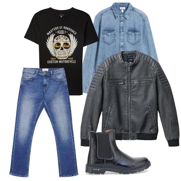 Outfit uomo - Marzo. Stile Trendy per Tutti i giorni. Abbinamento con camicie, giacche, t-shirt, jeans, stivali e stivaletti.