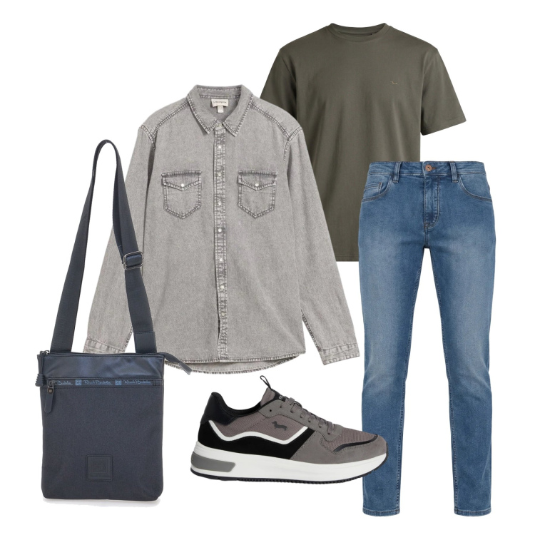 Outfit uomo - Marzo. Stile Trendy per Tutti i giorni. Abbinamento con camicie, jeans, sneakers, t-shirt, portafogli.