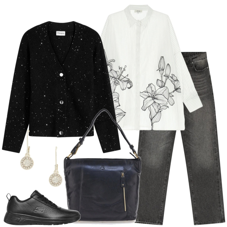 Outfit donna - I fiori nella camicia. Stile Casual per Tutti i giorni. Abbinamento con cardigans, jeans dritti, camicie, orecchini, sneakers, borse a spalla.