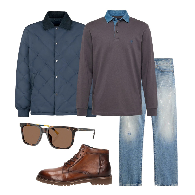Outfit uomo - Marzo. Stile Casual per Tutti i giorni. Abbinamento con polo, giacche, occhiali da sole, jeans dritti, stivali e stivaletti.