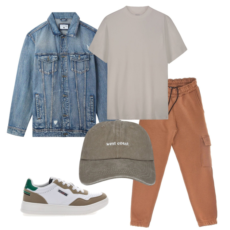 Outfit uomo - Marzo. Stile Urban per Tutti i giorni. Abbinamento con cappelli con visiera, giacche, sneakers, t-shirt, pantaloni cargo.