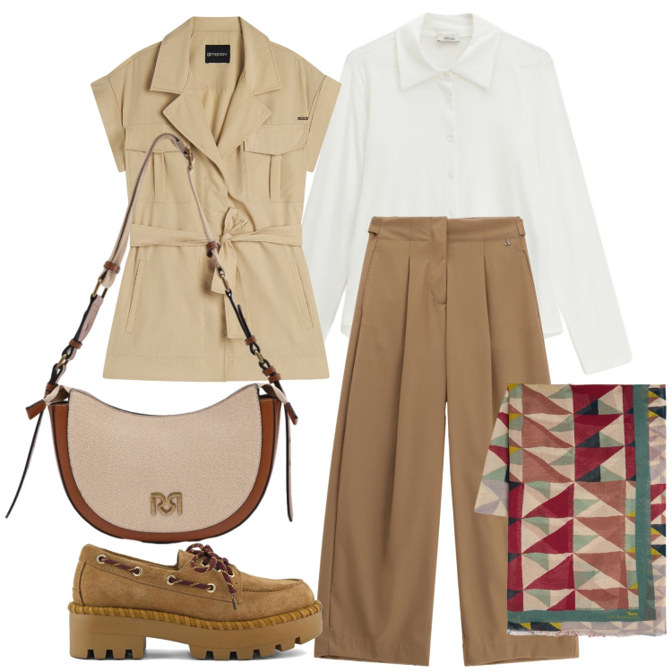 Outfit donna - Marzo. Stile Casual chic per Tutti i giorni. Abbinamento con sciarpe, camicie, pantaloni a palazzo, trench, borse a tracolla, mocassini.