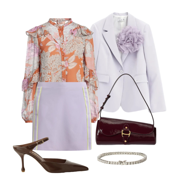 Outfit donna - Marzo. Stile Chic per Cerimonia. Abbinamento con camicie, décolleté, blazer, borse a spalla, braccialetti, minigonne.