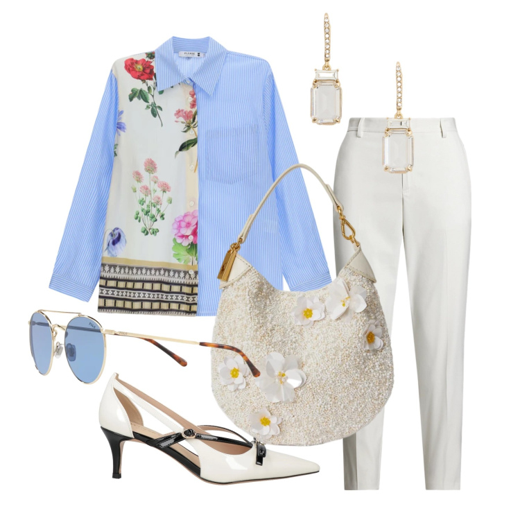 Outfit donna - Marzo. Stile Glamour per Tutti i giorni. Abbinamento con décolleté, camicie, pantaloni, orecchini, occhiali da sole, pochette.