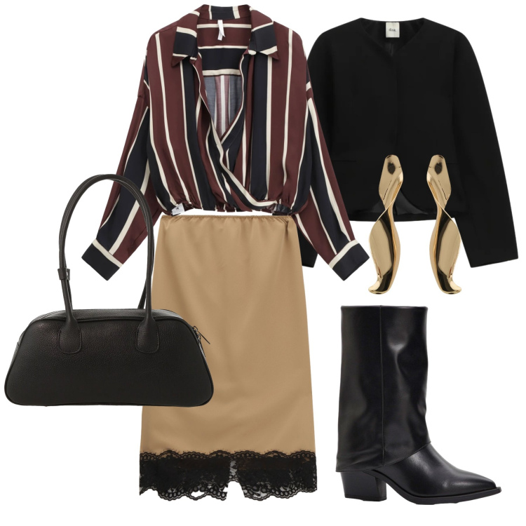 Outfit donna - Marzo. Stile Glamour per Tutti i giorni. Abbinamento con stivali, camicie, gonne longuette, blazer, orecchini, borse a mano.