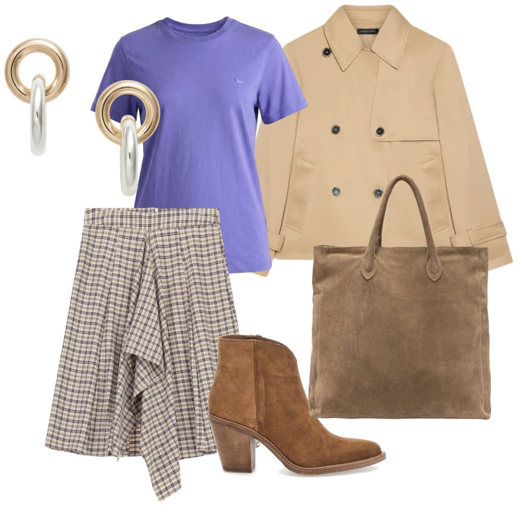 Outfit donna - Un trench a marzo. per Ufficio. Abbinamento con t-shirt, trench, gonne longuette, orecchini, stivaletti, borse a mano.