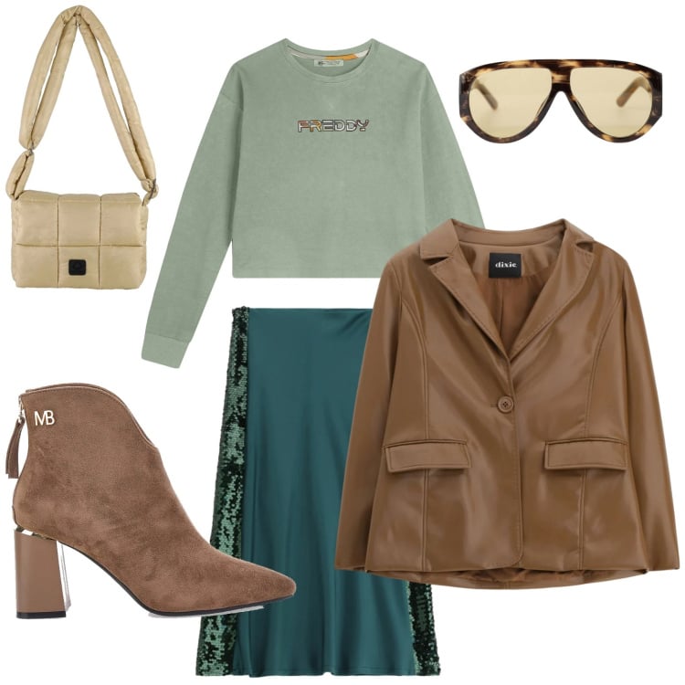 Outfit donna - Tutto il giorno. Stile Glamour per Tutti i giorni. Abbinamento con occhiali da sole, blazer, felpe, gonne lunghe, borse a spalla, stivaletti.