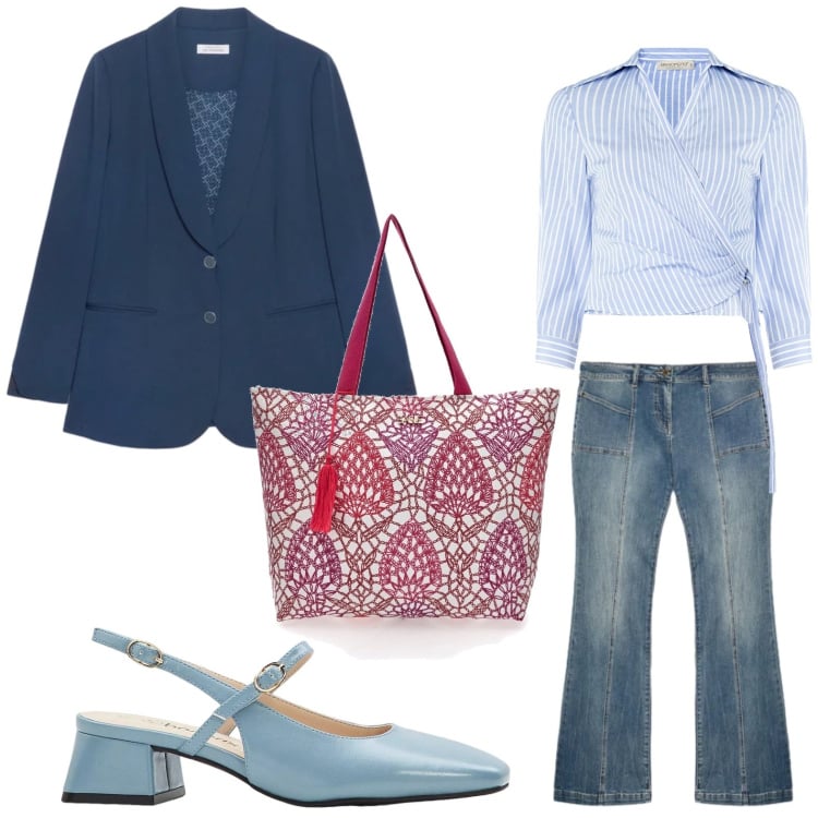 Outfit donna - La camicia con il nodo. Stile Casual per Ufficio. Abbinamento con décolleté, blazer, jeans, camicie, shopping bag.