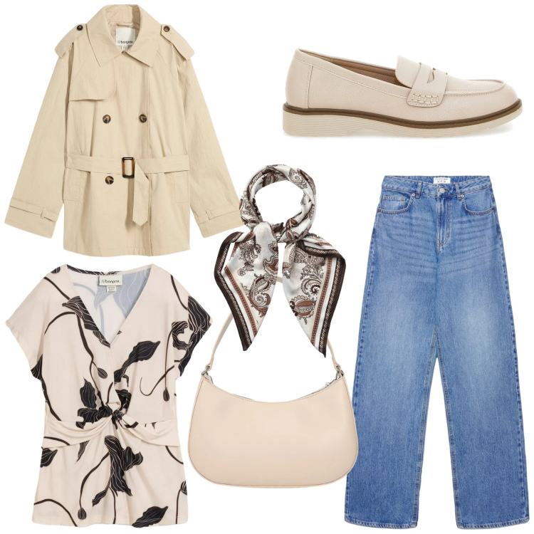 Outfit donna - Un trench nell\' armadio. Stile Casual chic per Tutti i giorni. Abbinamento con bluse, trench, foulard, jeans, borse a tracolla, mocassini.