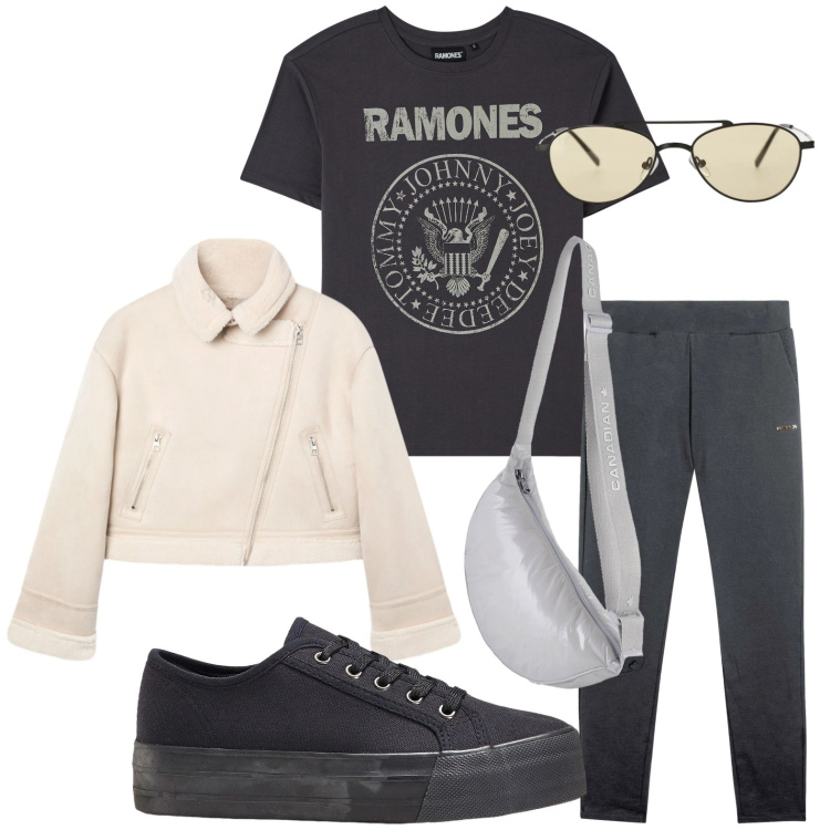 Outfit donna - Montone urban. Stile Minimal per Tutti i giorni. Abbinamento con sneakers, t-shirt, giacche, occhiali da sole, pantaloni, borse a tracolla.