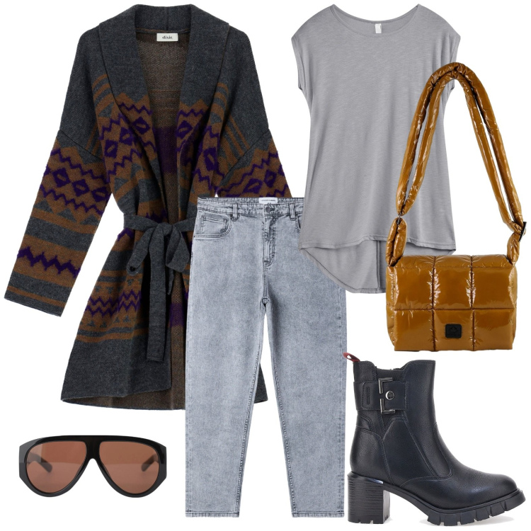 Outfit donna - Cardigan versatile. Stile Rock per Tutti i giorni. Abbinamento con maglieria, occhiali da sole, jeans mom, cappotti, borse a spalla, stivaletti.