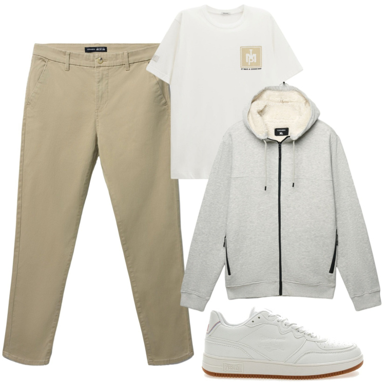 Outfit uomo - Sneakers bianche a marzo. Stile Casual per Tutti i giorni. Abbinamento con pantaloni chino, felpe con cappuccio, t-shirt, sneakers.