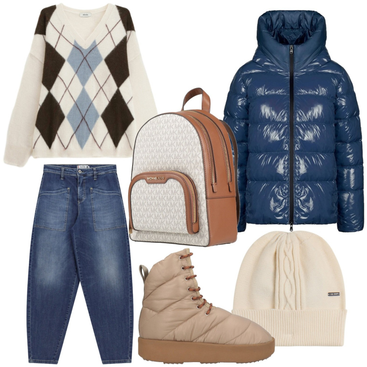 Outfit donna - In montagna con gli amici. Stile Casual per Tutti i giorni. Abbinamento con zaini, stivaletti, maglieria, berretti, jeans, piumini.