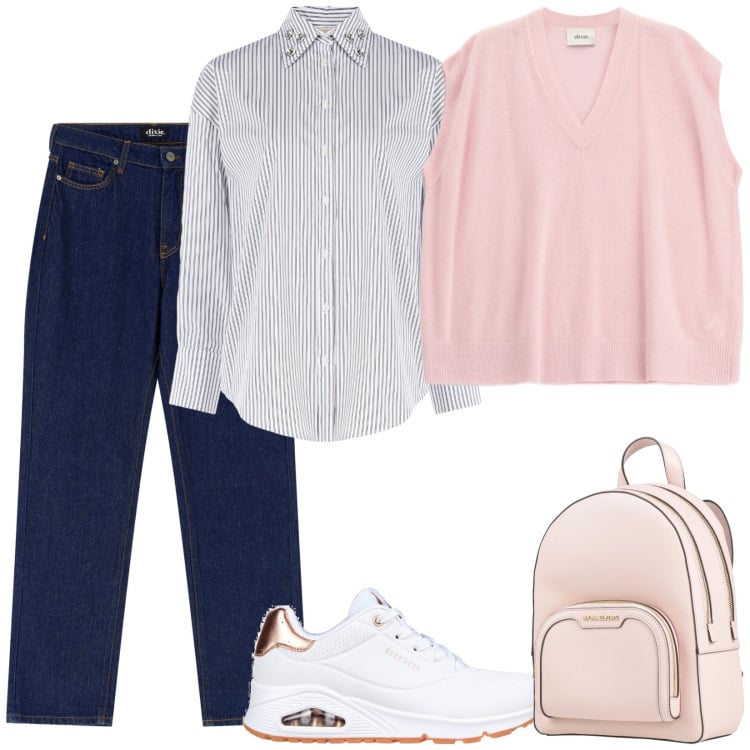 Outfit donna - Spring \'26. Stile Casual per Tutti i giorni. Abbinamento con zaini, camicie, jeans dritti, maglieria, sneakers.