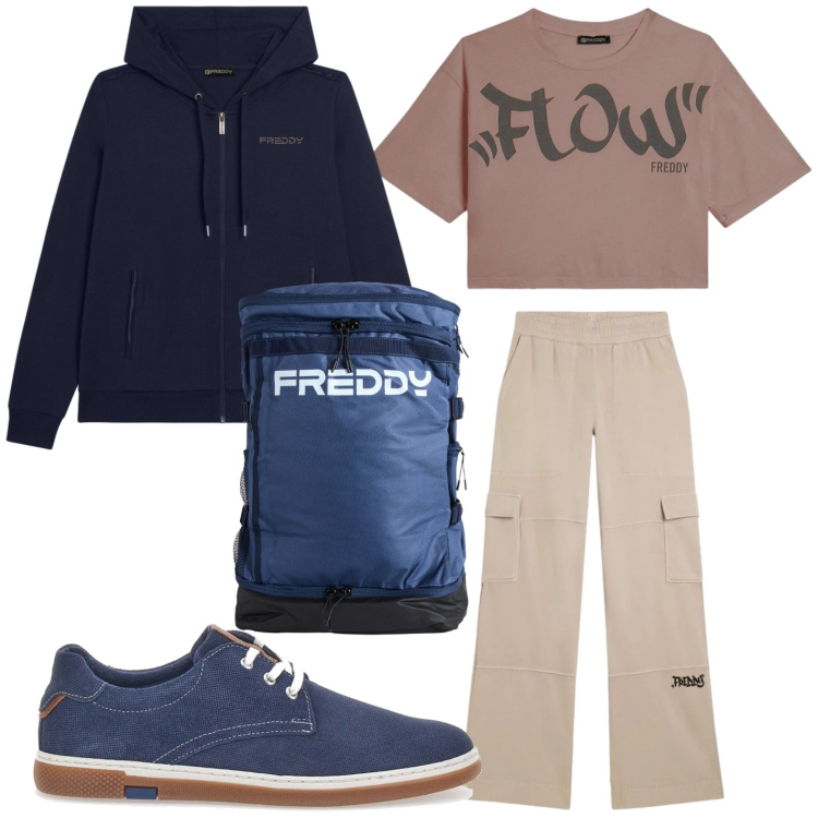 Outfit donna - Tempo di sport. Stile Casual per Tutti i giorni. Abbinamento con pantaloni cargo, felpe con cappuccio, t-shirt, zaini, scarpe stringate.