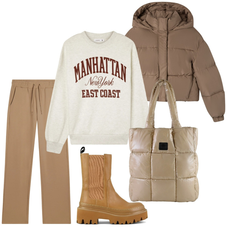 Outfit donna - Colori neutri. Stile Trendy per Tutti i giorni. Abbinamento con bomber, felpe, pantaloni, shopping bag, stivaletti chelsea.