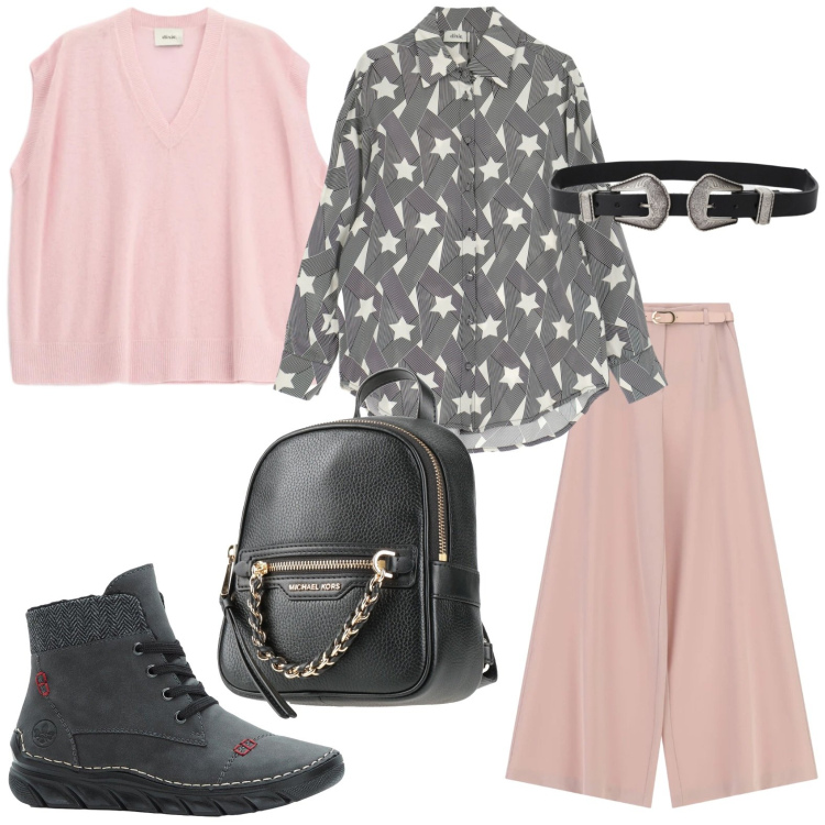 Outfit donna - Un tocco di rosa. Stile Trendy per Tutti i giorni. Abbinamento con zaini, stivaletti, pantaloni a palazzo, cinture, maglieria, camicie.