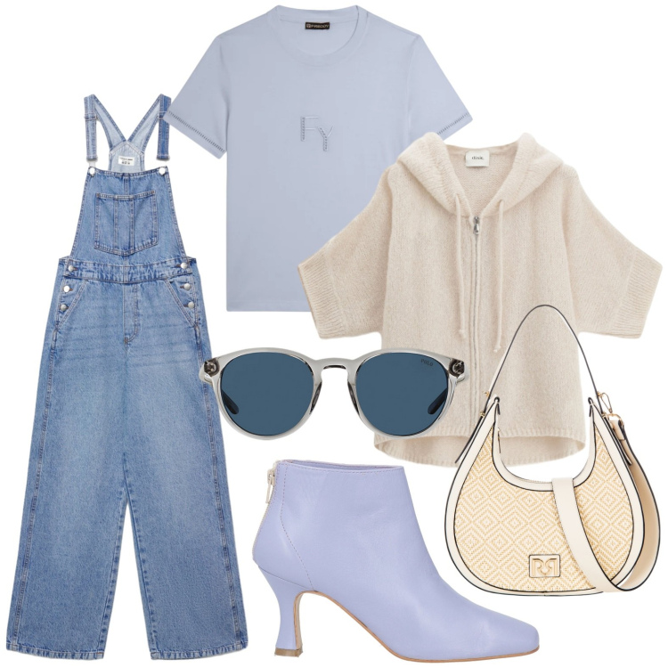 Outfit donna - Salopette passpartout. Stile Trendy per Tutti i giorni. Abbinamento con stivaletti, salopette, cardigans, t-shirt, borse a mano, occhiali da sole.