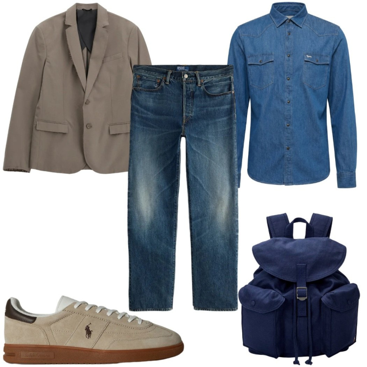 Outfit uomo - Denim primaverile. Stile Trendy per Tutti i giorni. Abbinamento con camicie, giacche, sneakers, borse sportive, jeans dritti.