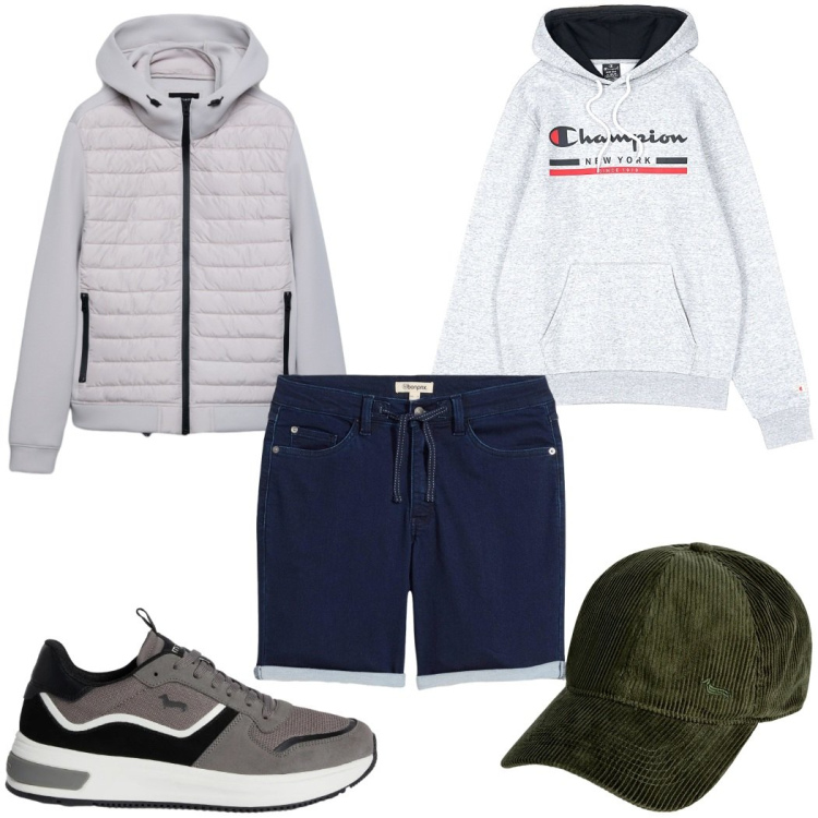 Outfit uomo - Total look #2354512. Stile Trendy per Tutti i giorni. Abbinamento con bermuda, sneakers, cappelli con visiera, giacche, felpe con cappuccio.
