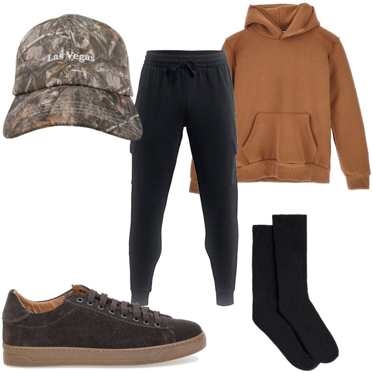 Outfit uomo - Total look #2354515. Stile Casual per Tutti i giorni. Abbinamento con cappelli con visiera, calzini, pantaloni, sneakers, felpe con cappuccio.