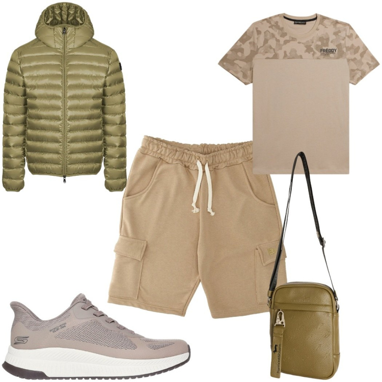 Outfit uomo - Total look #2354516. Stile Trendy per Sport. Abbinamento con borse sportive, t-shirt, bomber, pantaloni corti, sneakers.