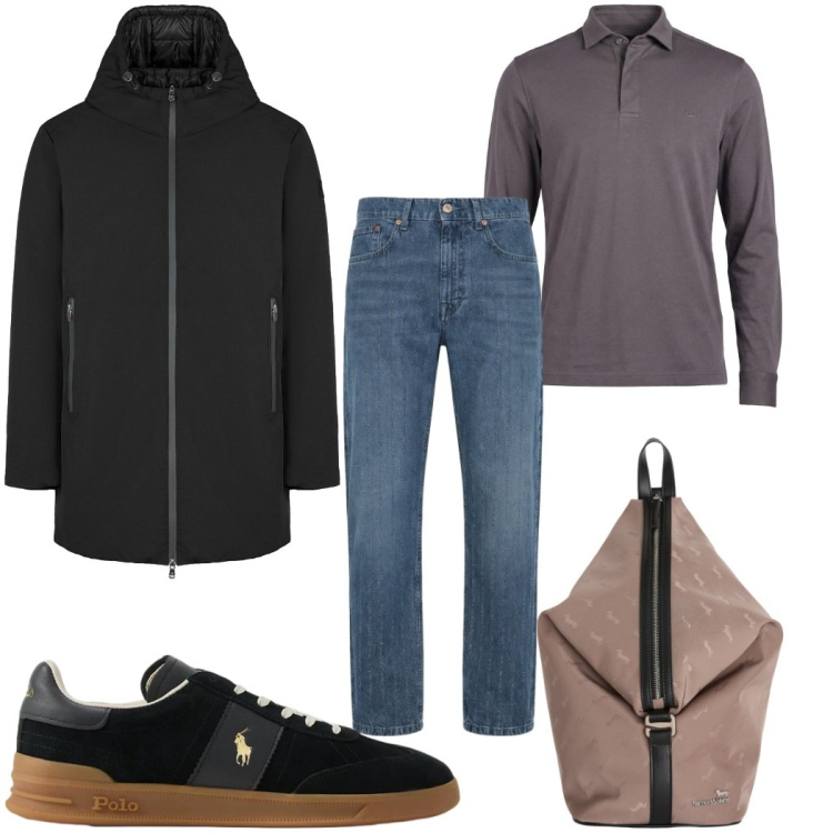 Outfit uomo - Total look #2354517. Stile Casual per Tutti i giorni. Abbinamento con jeans, polo, borse sportive, parka, sneakers.
