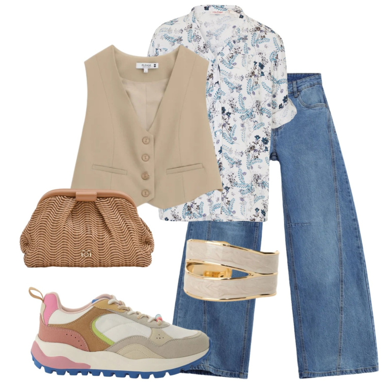 Outfit donna - Domenica a casa di amici. Stile Casual chic per Tutti i giorni. Abbinamento con camicie, sneakers, anelli, jeans, gilet, pochette.