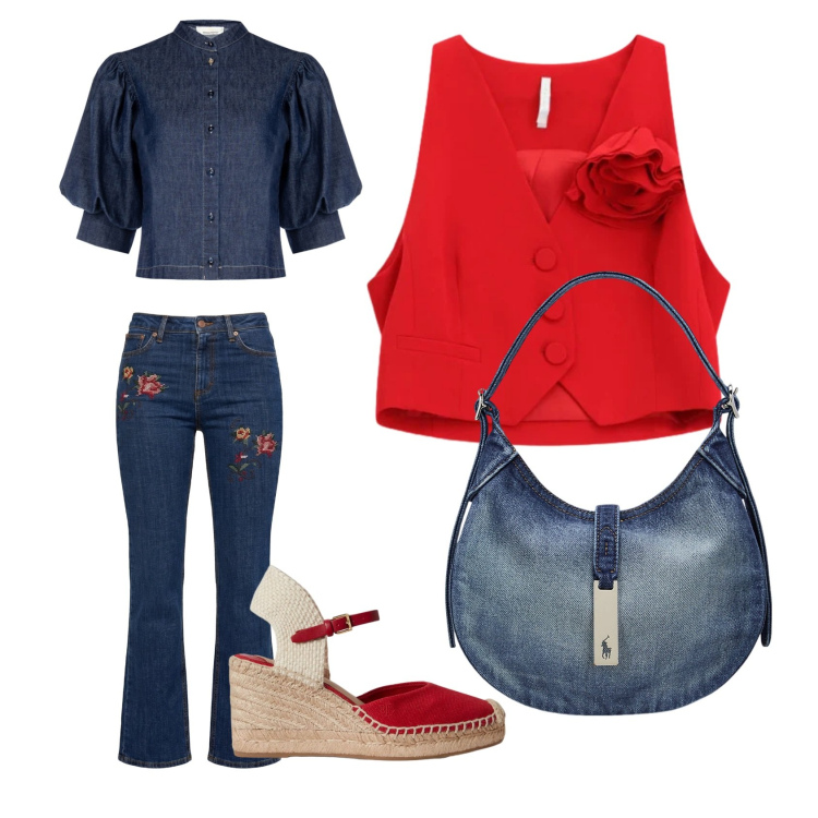 Outfit donna - Un tocco di rosso. Stile Casual chic per Ufficio. Abbinamento con jeans, gilet, camicie a manica corta, borse a spalla, zeppe.