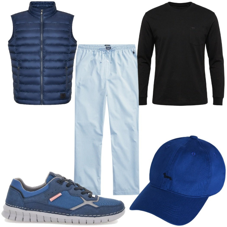 Outfit uomo - Total look #2354523. Stile Trendy per Tutti i giorni. Abbinamento con t-shirt, cappelli con visiera, piumini, pantaloni, sneakers.