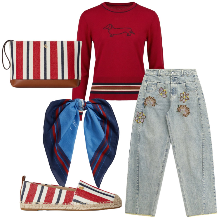 Outfit donna - Total look #2354524. Stile Casual chic per Tutti i giorni. Abbinamento con maglieria, jeans, pochette, espadrillas, foulard.