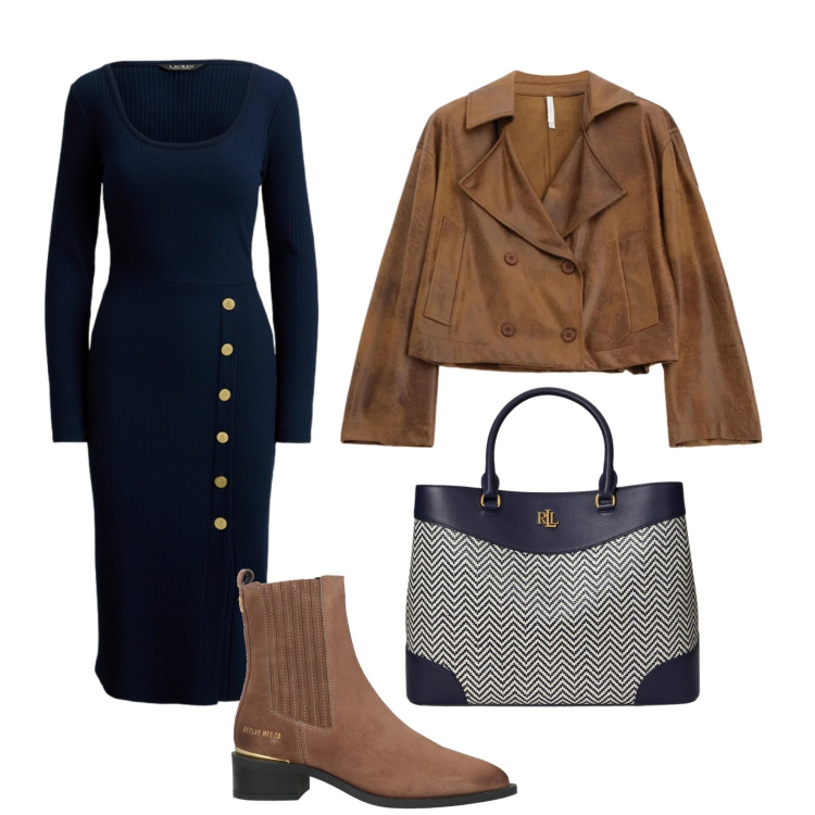 Outfit donna - Tubino blu versatile. Stile Casual chic per Tutti i giorni. Abbinamento con stivaletti chelsea, giacche, vestiti a tubino, borse a mano.