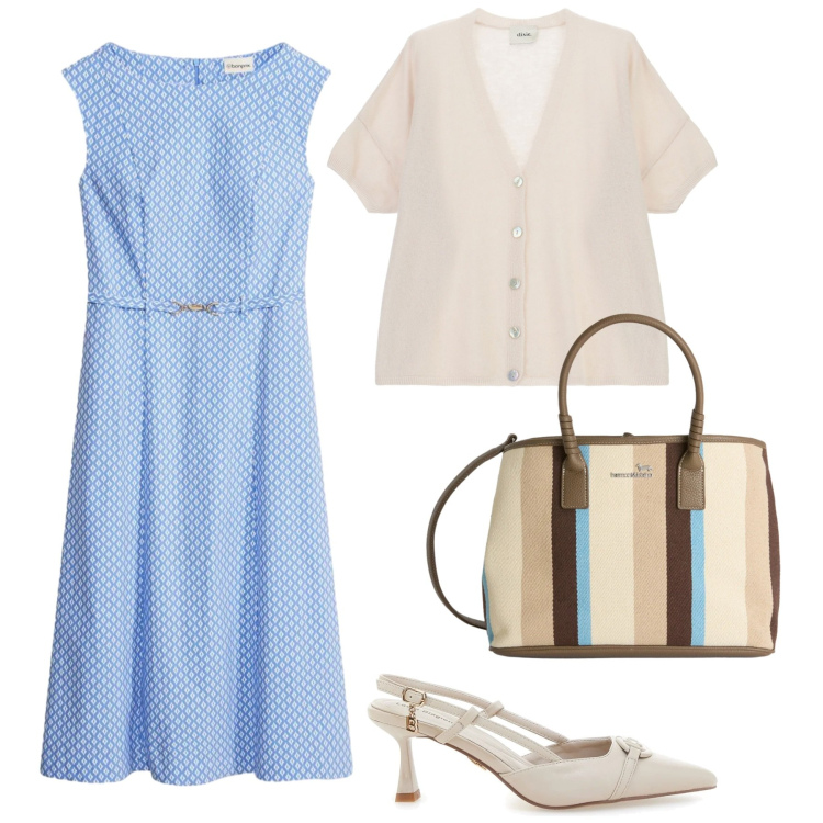 Outfit donna - Total look #2354528. Stile Bon Ton per Ufficio. Abbinamento con vestiti, shopping bag, cardigans, décolleté.