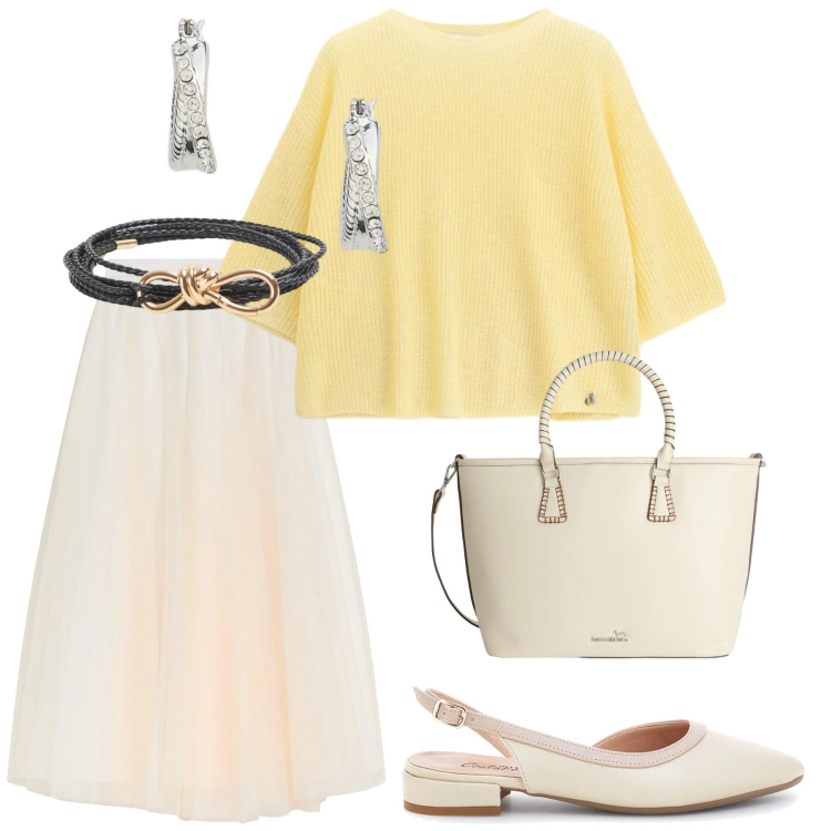 Outfit donna - Total look #2354530. Stile Glamour per Ufficio. Abbinamento con gonne lunghe, shopping bag, cinture, maglieria, orecchini, ballerine.